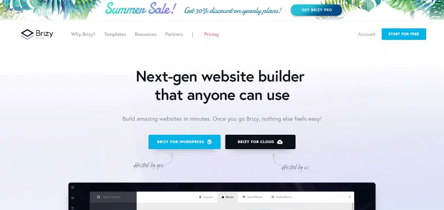 landing page of brizy easiest wordpress next-gen website builder that anyone can use