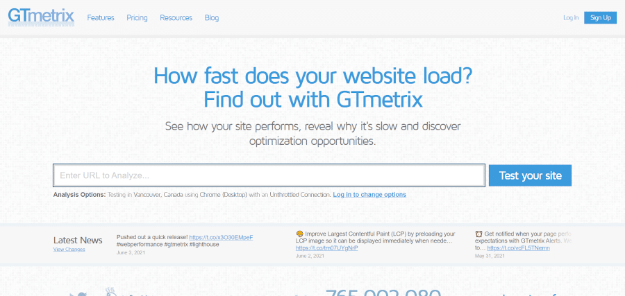 landing page of gtmetrix website speed optimization