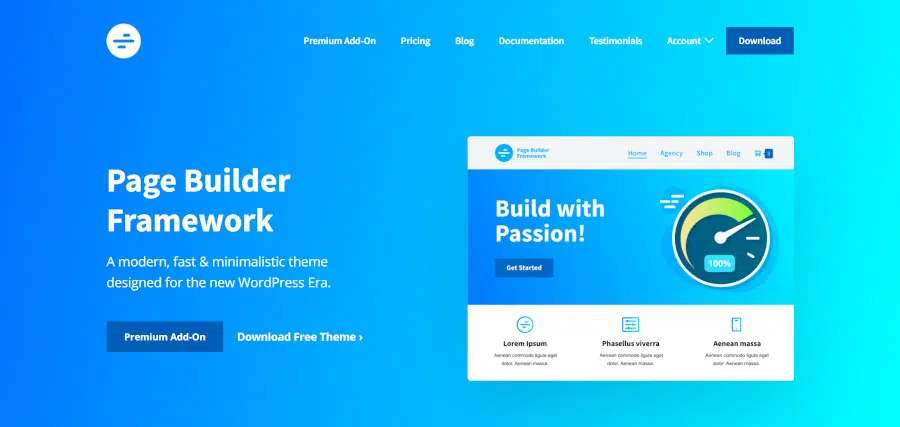 landing page of page builder framework modern fast and minimalistic theme designed for the new wordpress era