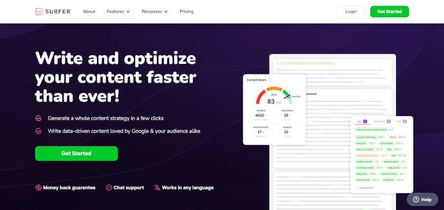 landing page of surfer SEO write and optimize your SEO