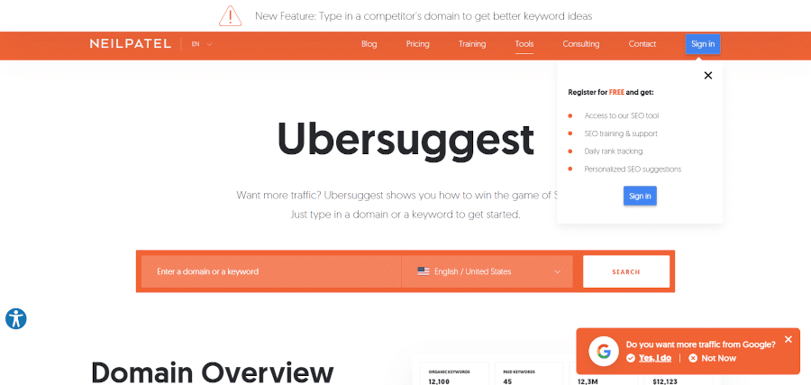 landing page of Ubersuggest a tool that helps you increase your web traffic